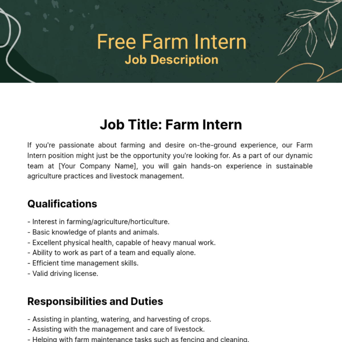Free Farm Intern Job Description Template