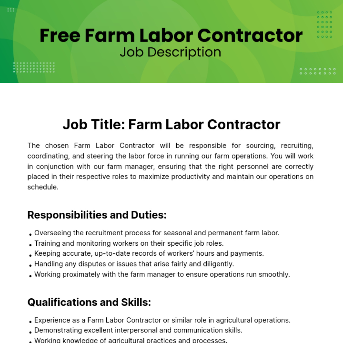 Free Farm Labor Contractor Job Description Template