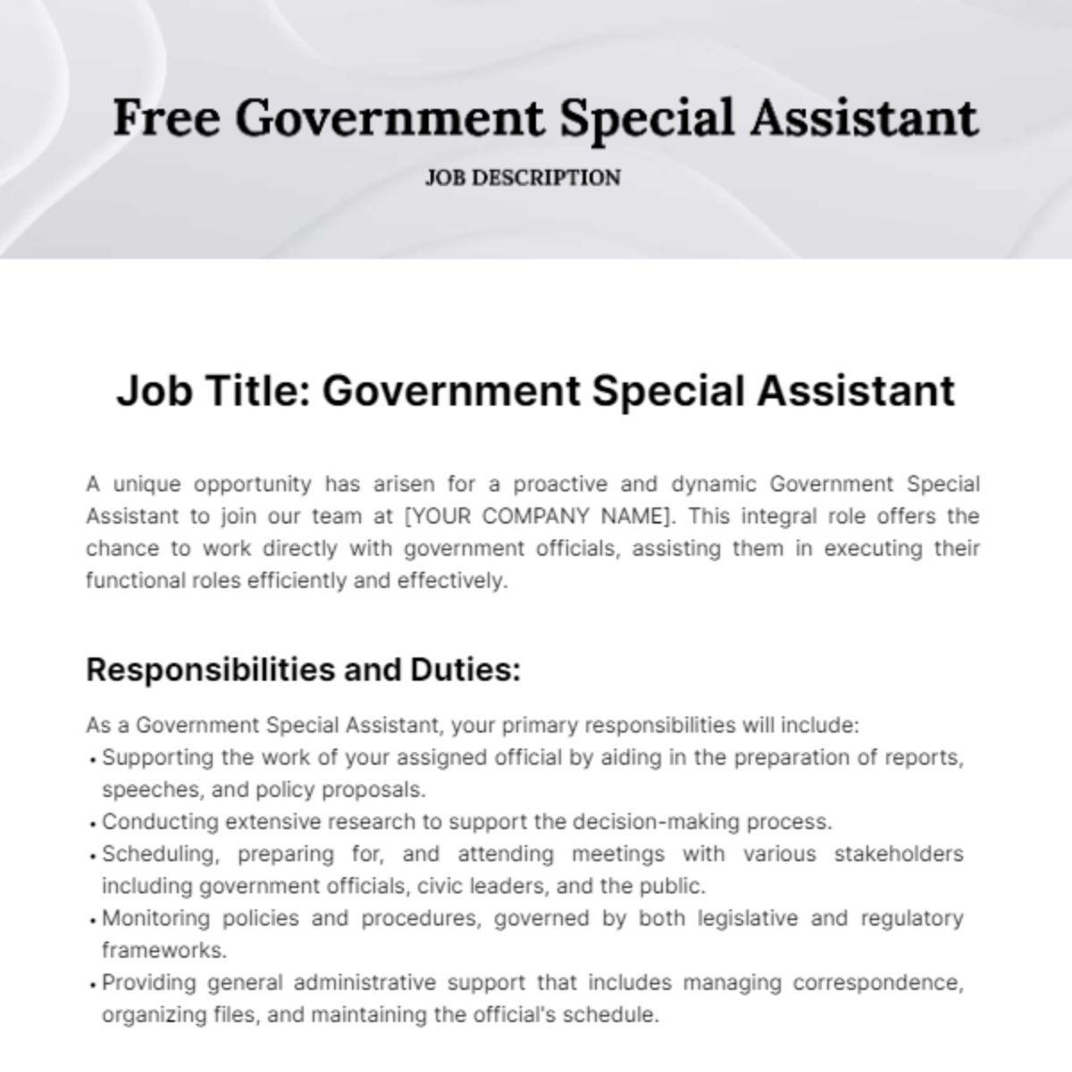 Free Government Special Assistant Job Description Template