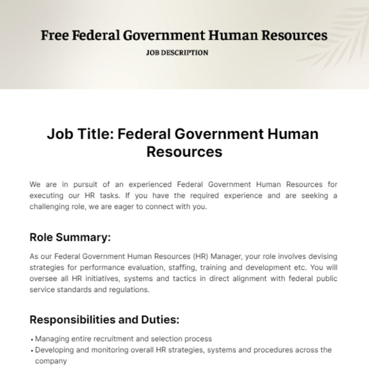 Free Federal Government Human Resources Job Description Template