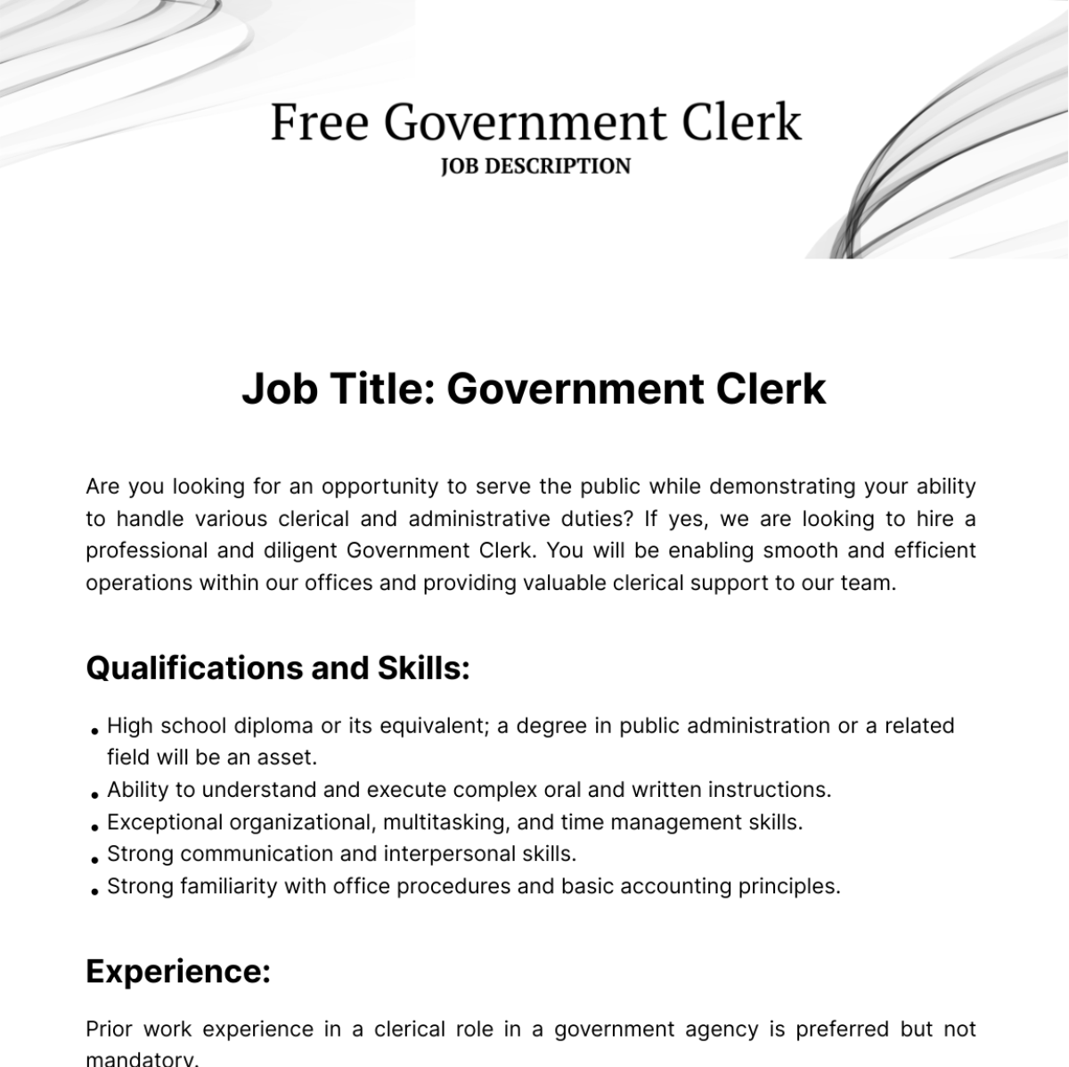 Free Government Clerk Job Description Template