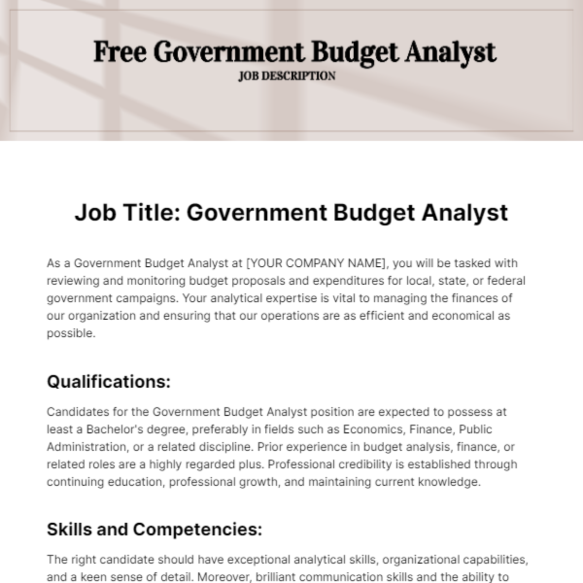 Government Budget Analyst Job Description Template