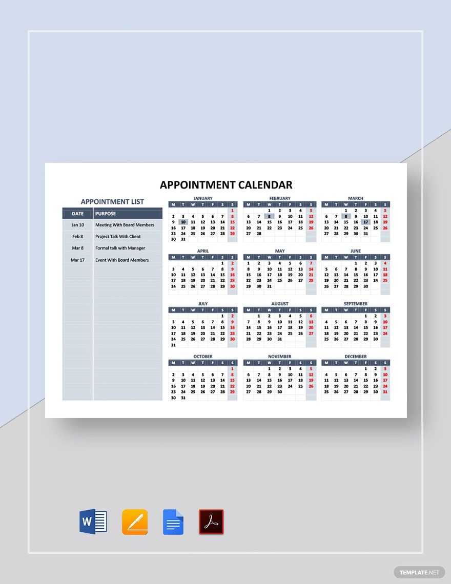 Sample Appointment Calendar Template