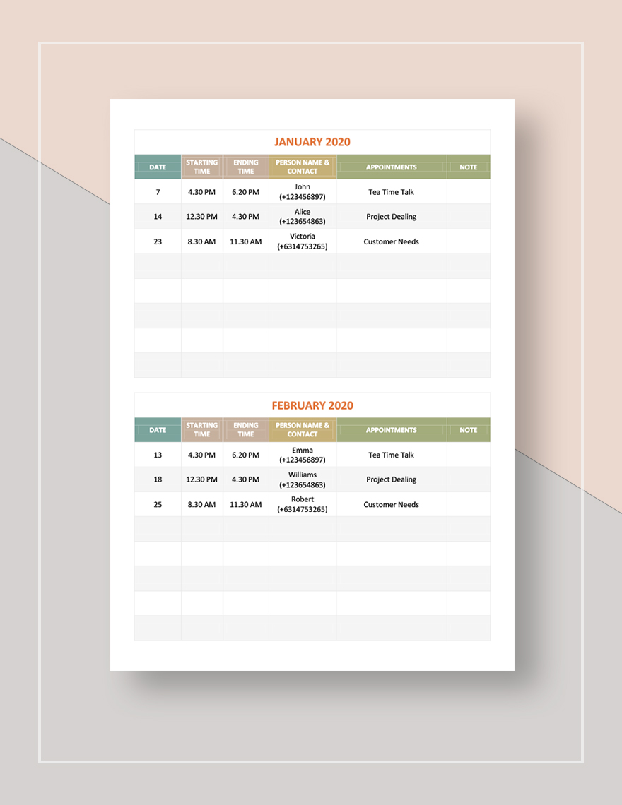 Printable Appointment Calendar Template