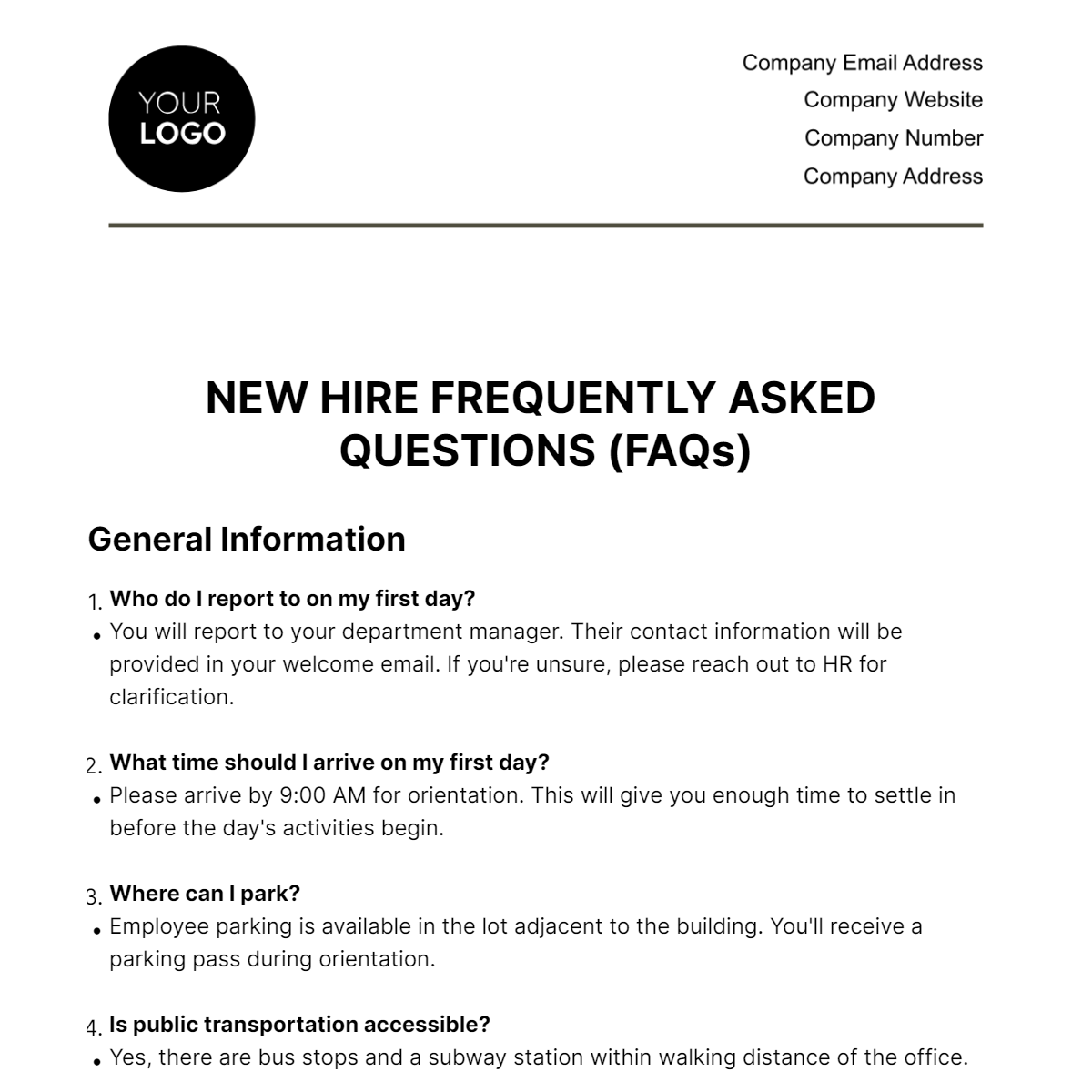 New Hire Frequently Asked Questions (FAQs) HR Template