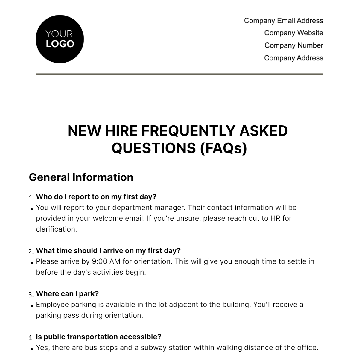 New Hire Frequently Asked Questions FAQs HR Template Edit Online 