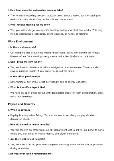 Free New Hire Frequently Asked Questions (FAQs) HR Template to Edit Online