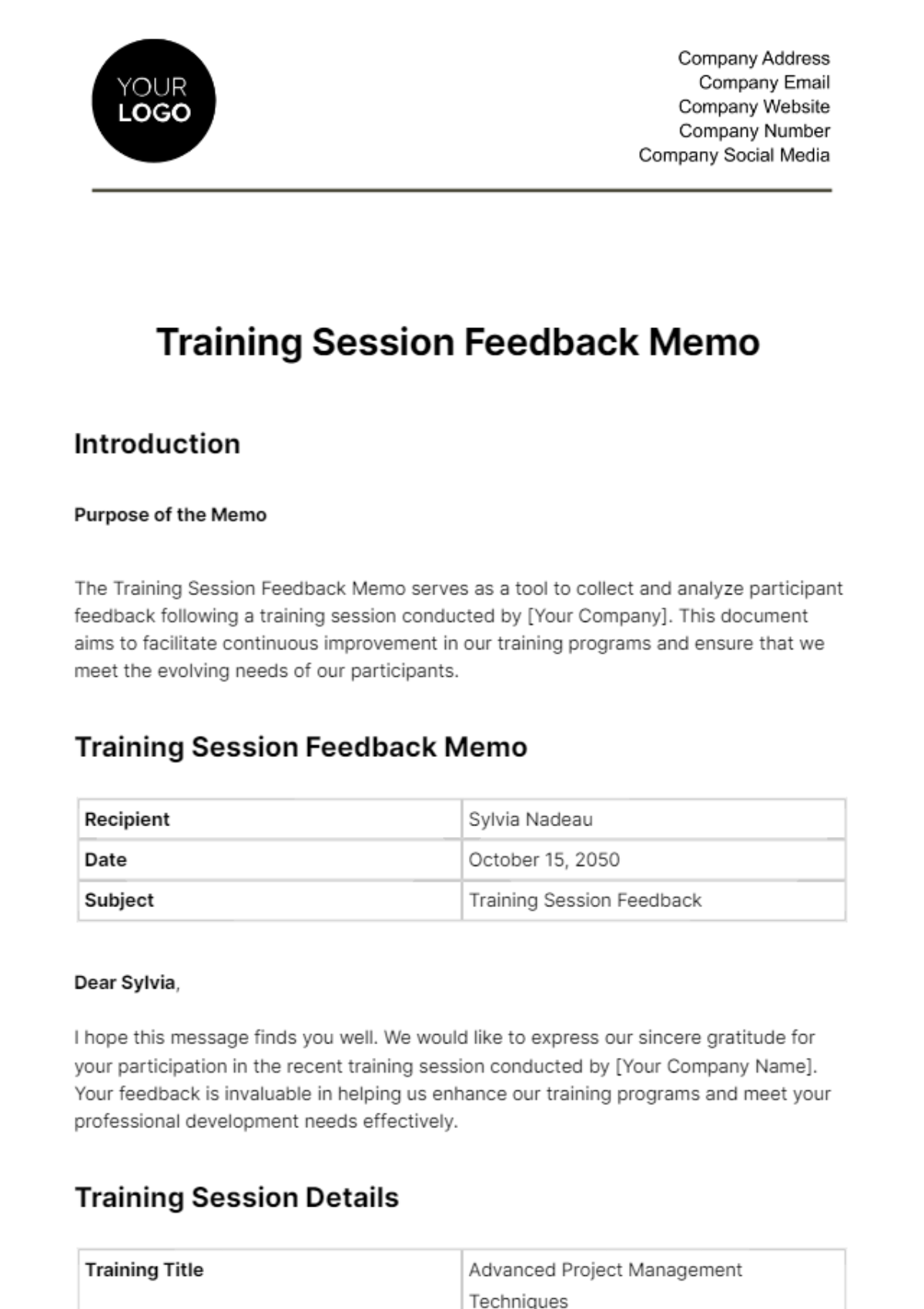 Training Session Feedback Memo HR Template