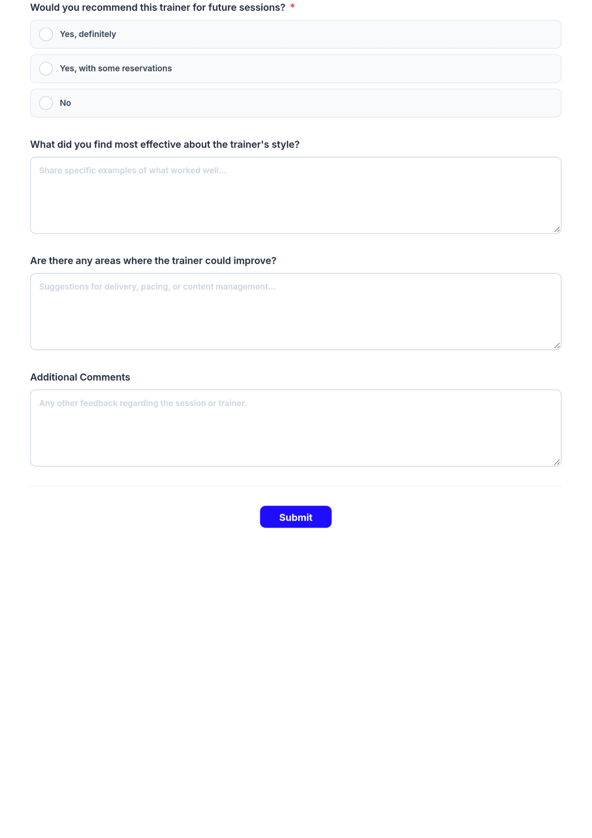 Free Employee Feedback on Trainers Form HR Template & AI Maker Free Employee Feedback on Trainers Form HR Template & AI Maker