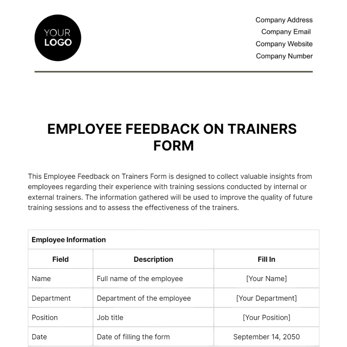 Employee Feedback on Trainers Form HR Template - Edit Online & Download