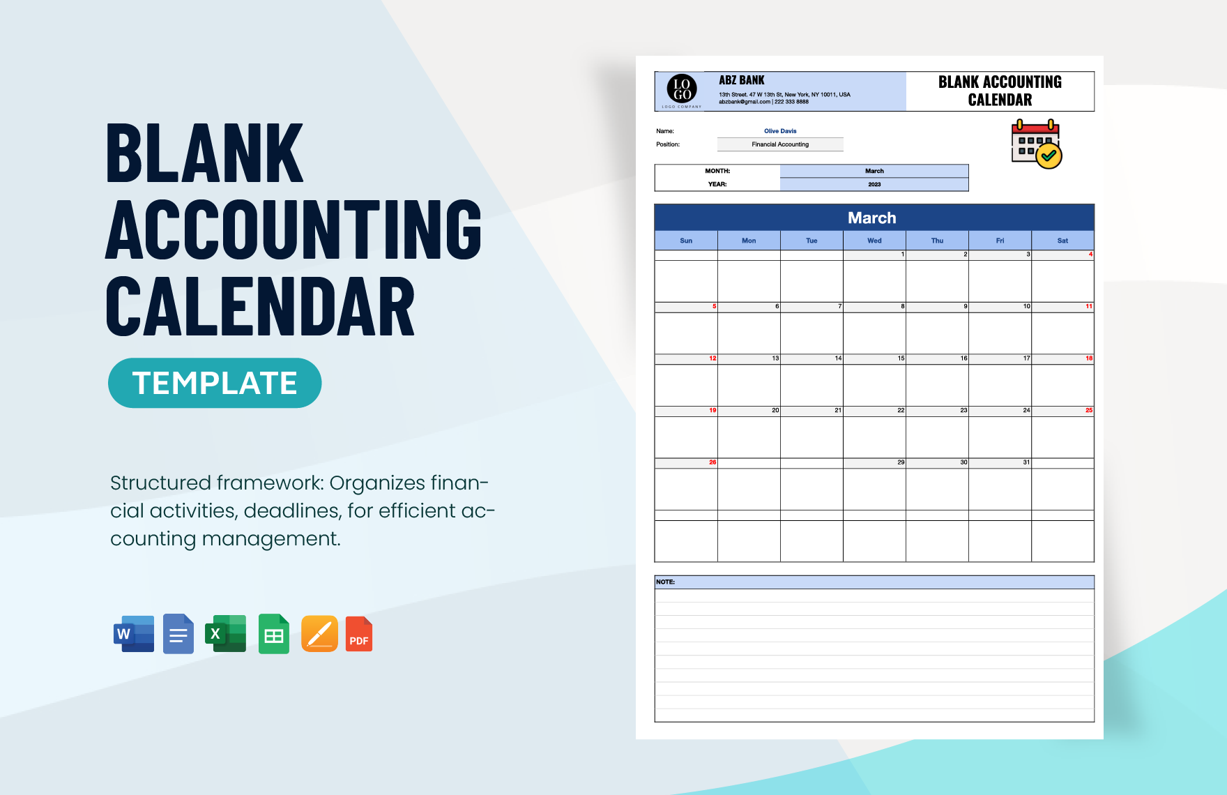 Blank Accounting Calendar Template in Word, Google Docs, Excel, PDF, Google Sheets, Apple Pages