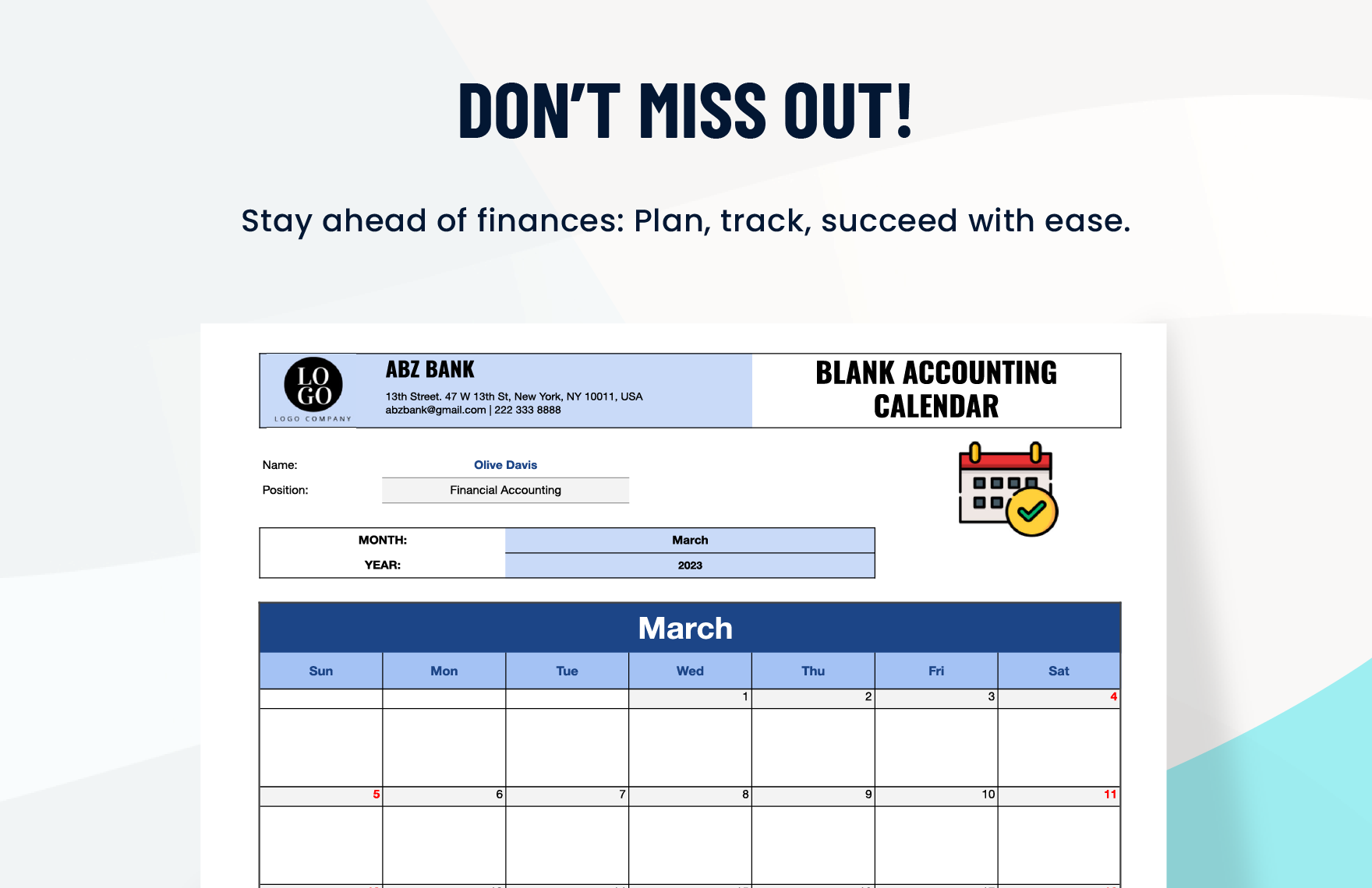 Blank Accounting Calendar Template