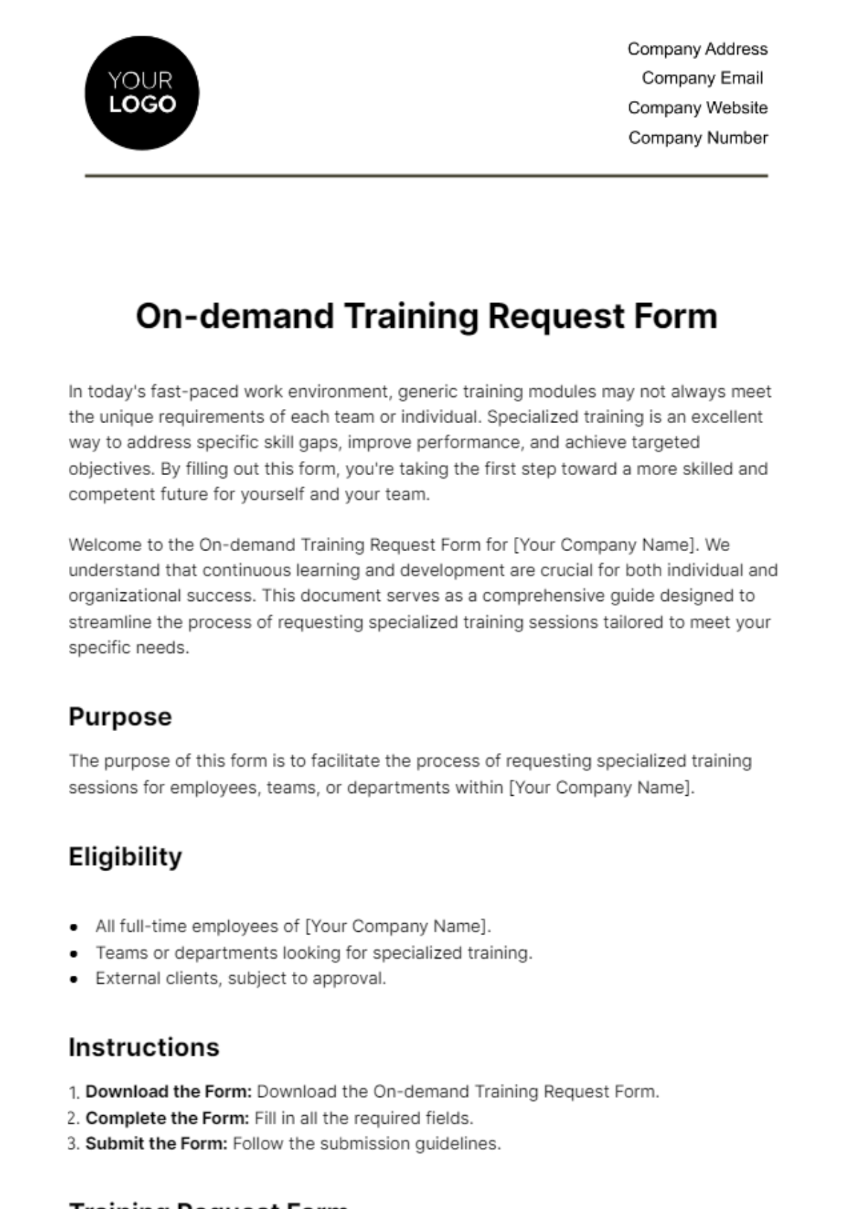 On-demand Training Request Form HR Template