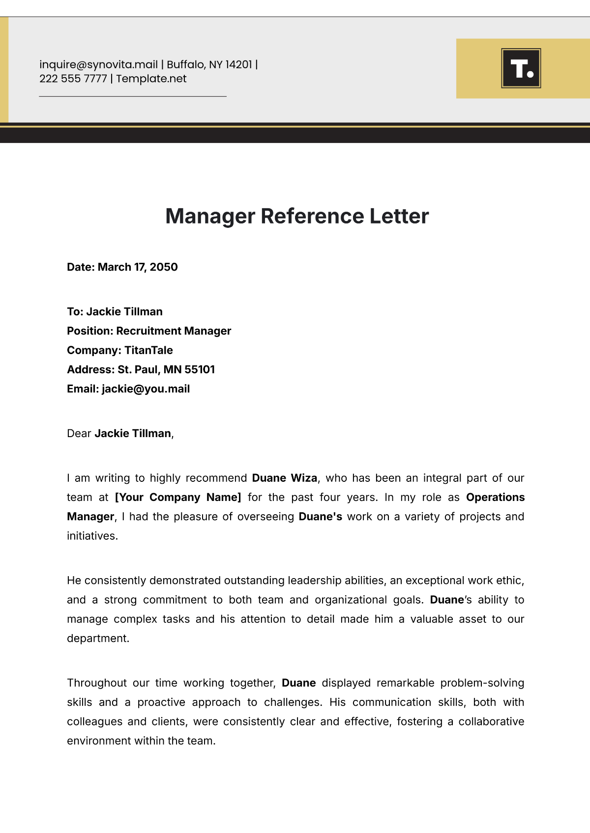 Manager Reference Letter Template - Edit Online & Download