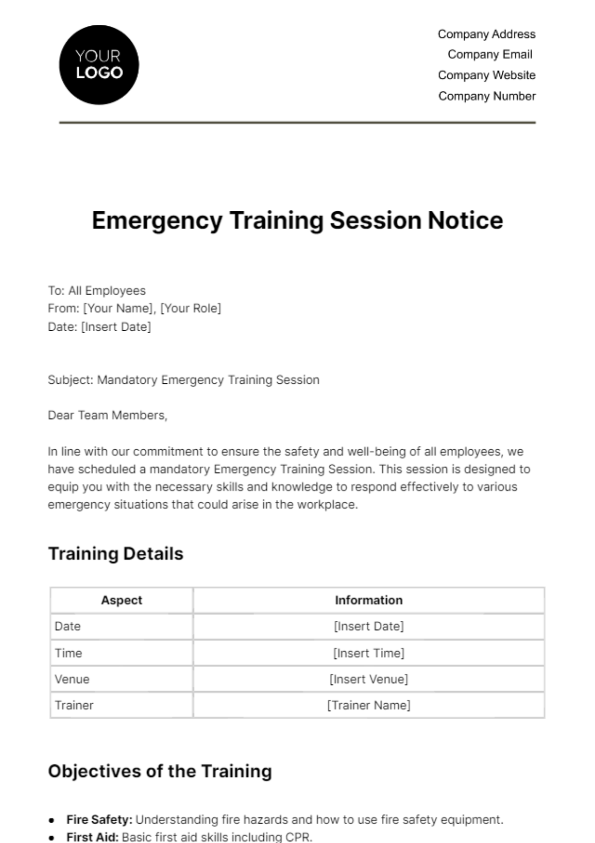 Emergency Training Session Notice HR Template