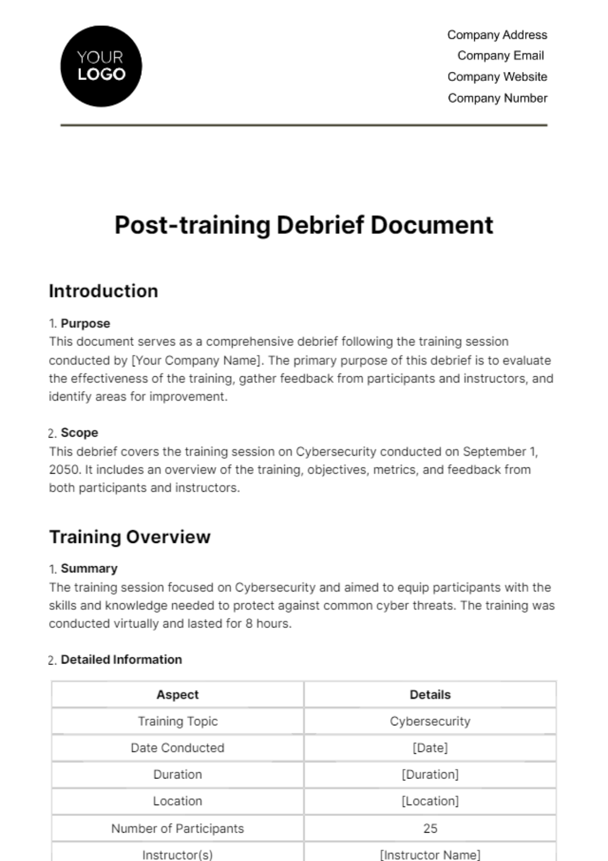 Post-training Debrief Document HR Template
