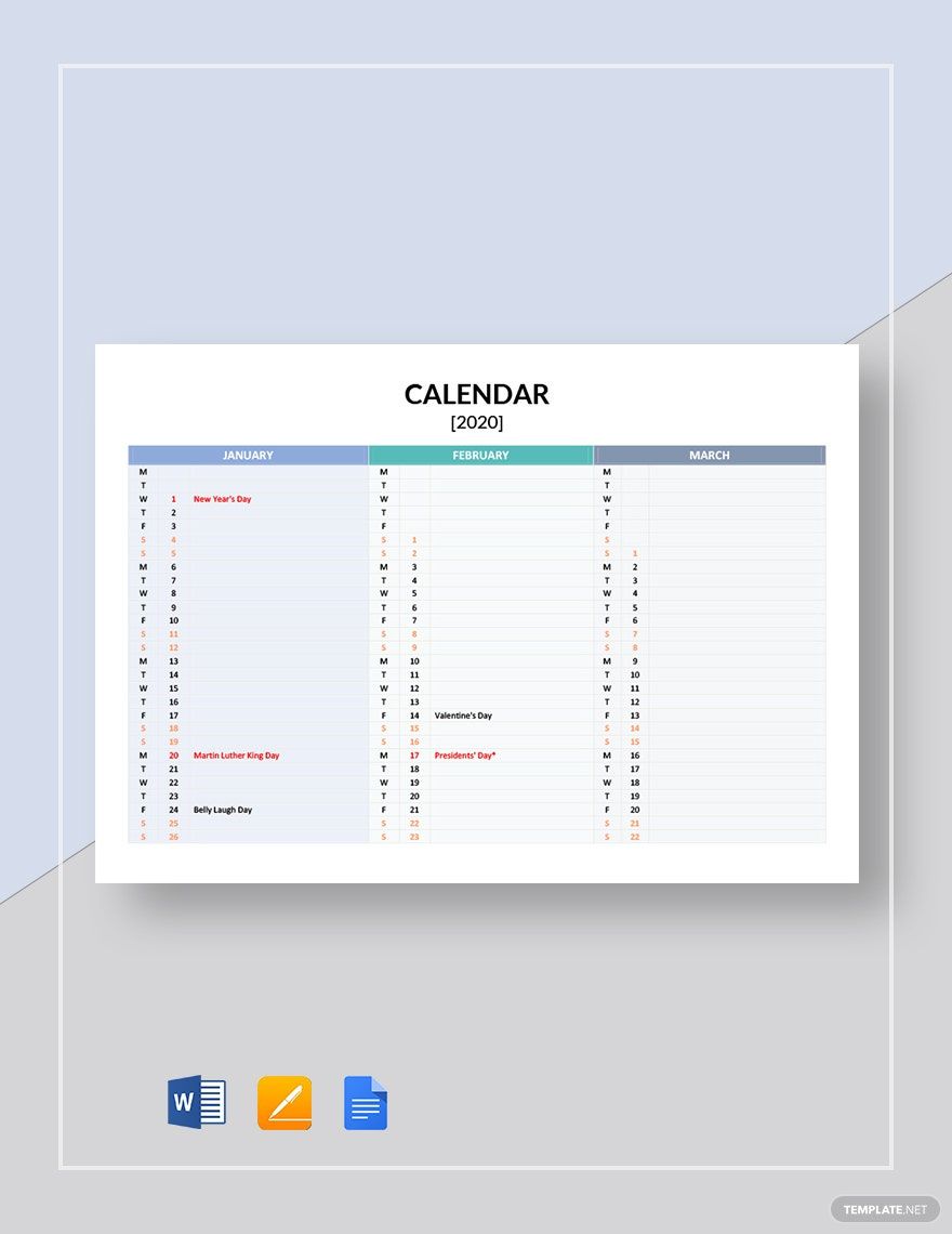 Editable Calendar Template