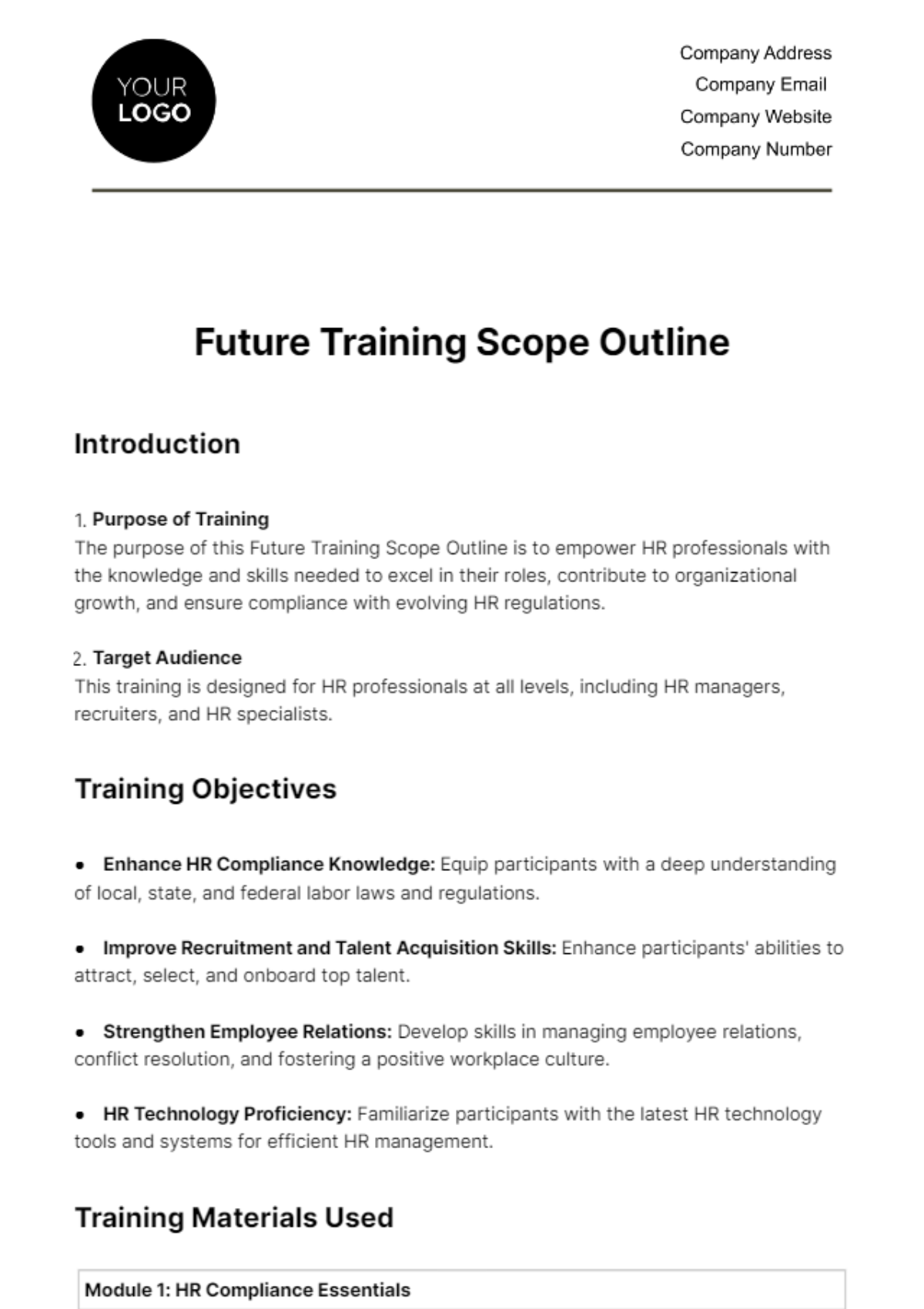 Free Future Training Scope Outline HR Template