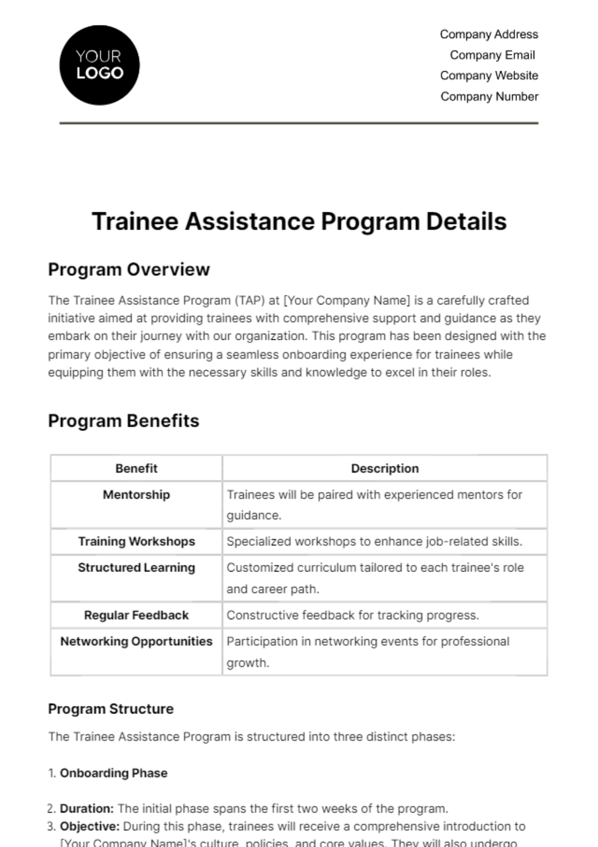 Trainee Assistance Program Details HR Template