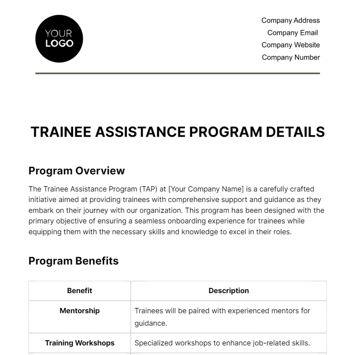 Trainee Assistance Program Details HR Template - Edit Online & Download