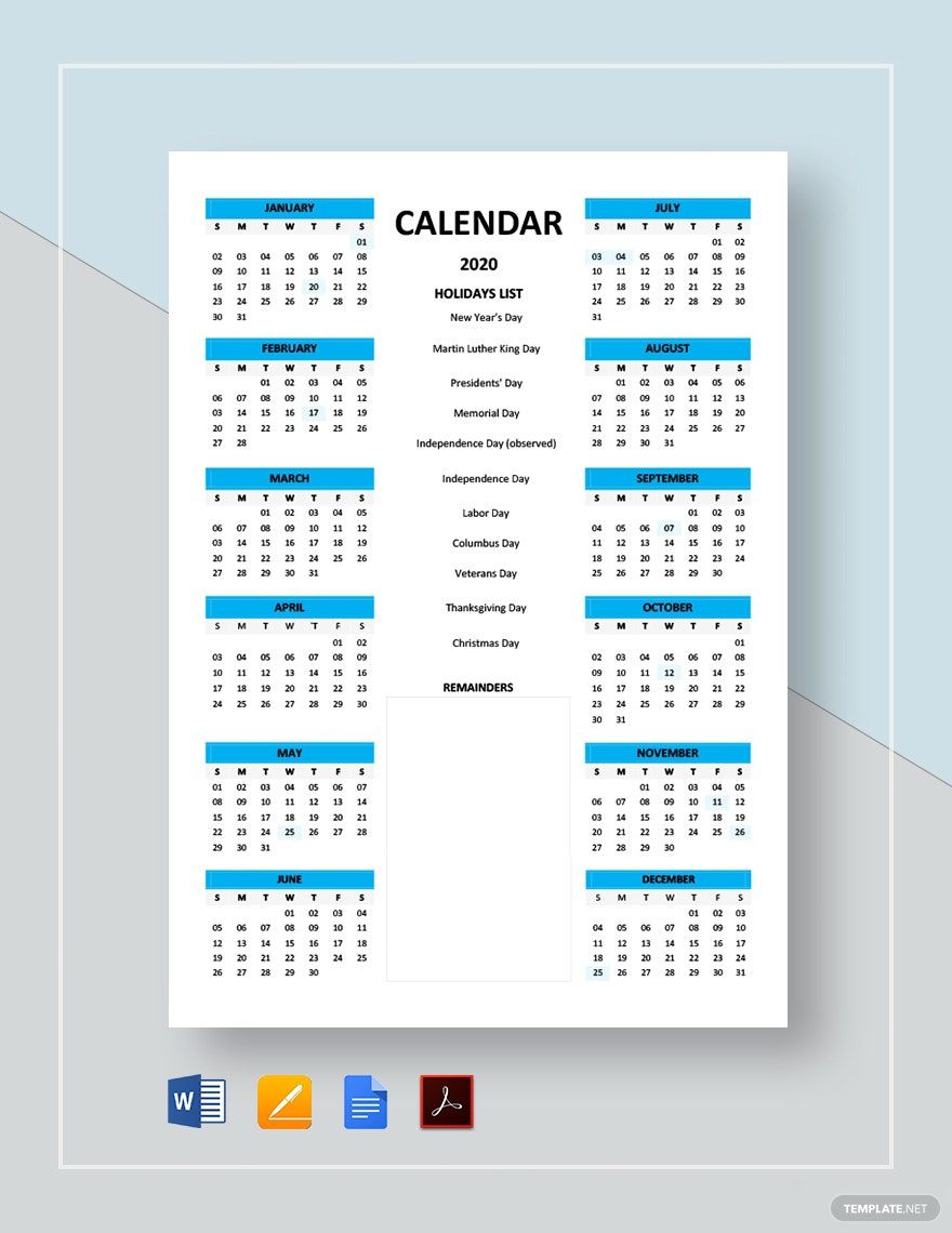 Simple Calendar Template Google Docs Word Apple Pages PDF