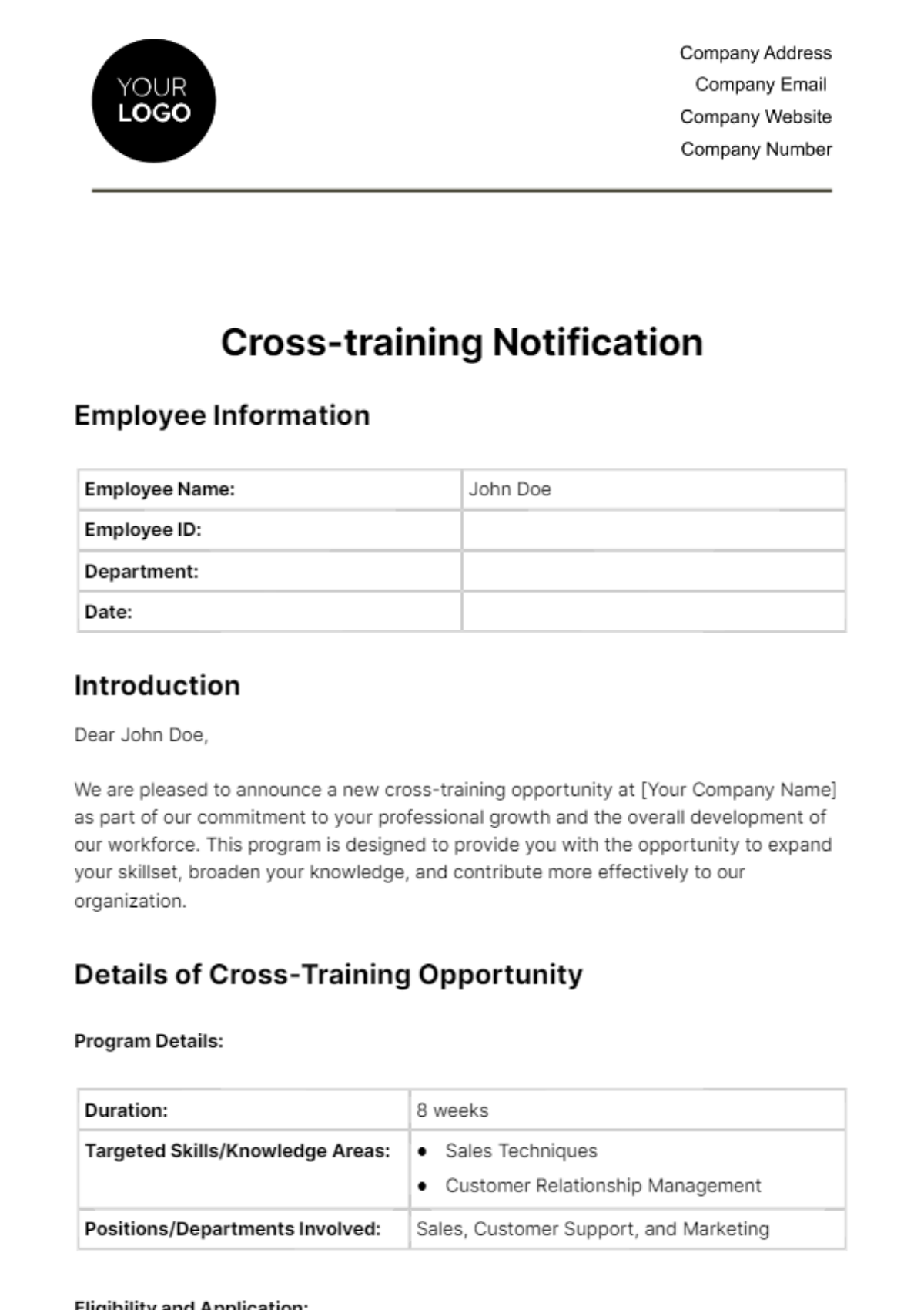 Cross-training Notification HR Template