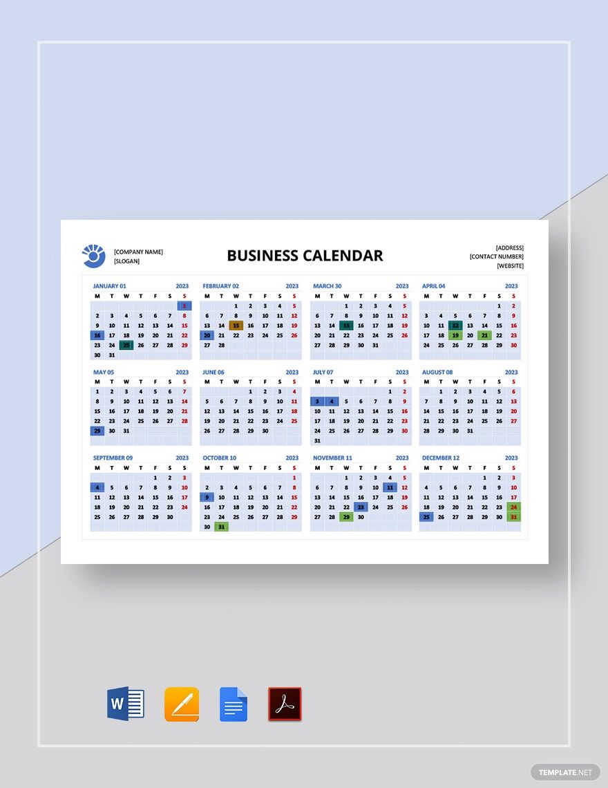 Sample Business Calendar Template