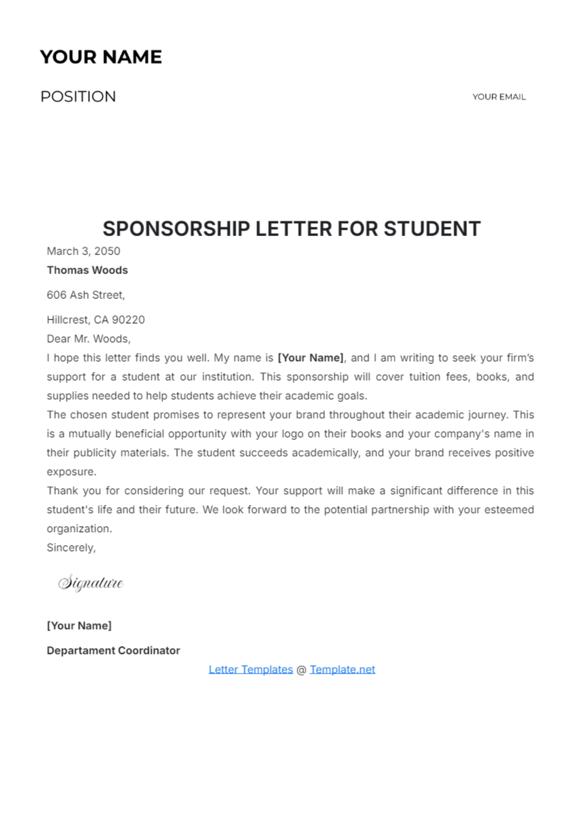 Free Sponsorship Letter for Student Template to Edit Online