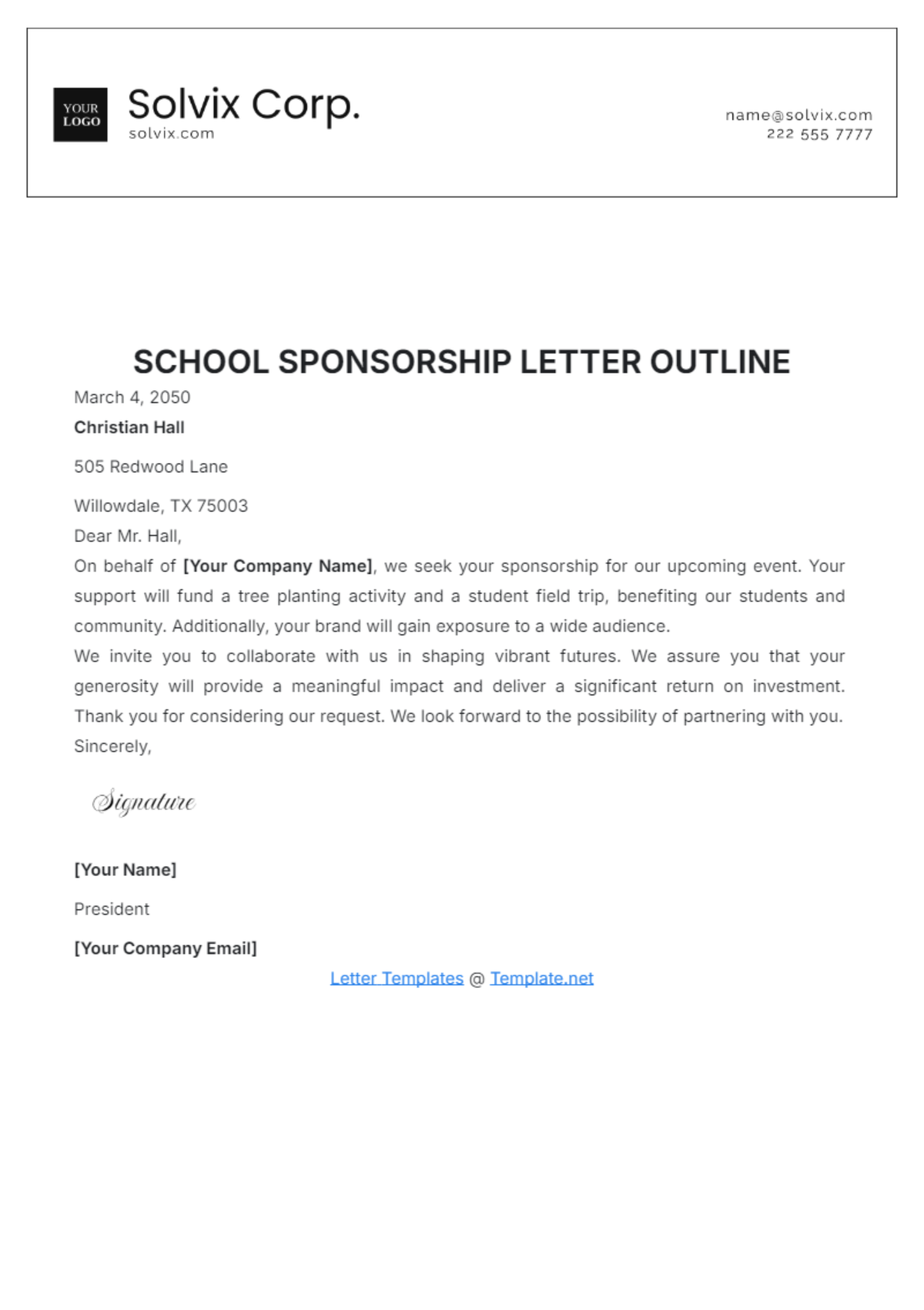 School Sponsorship Letter Outline Template