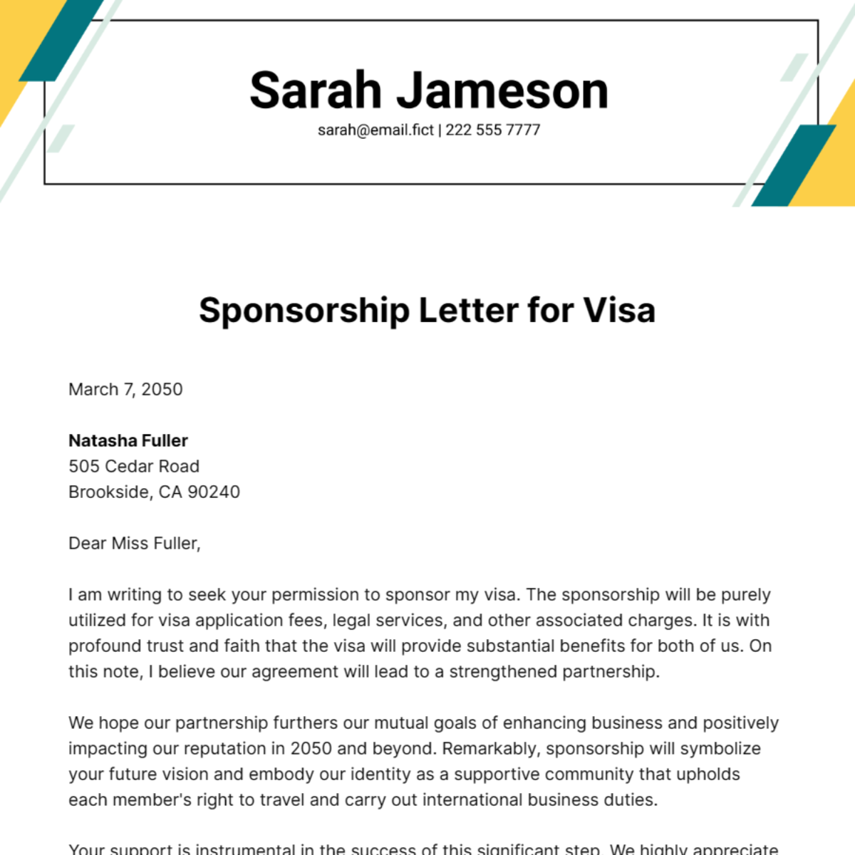 Sponsorship Letter for Visa Template