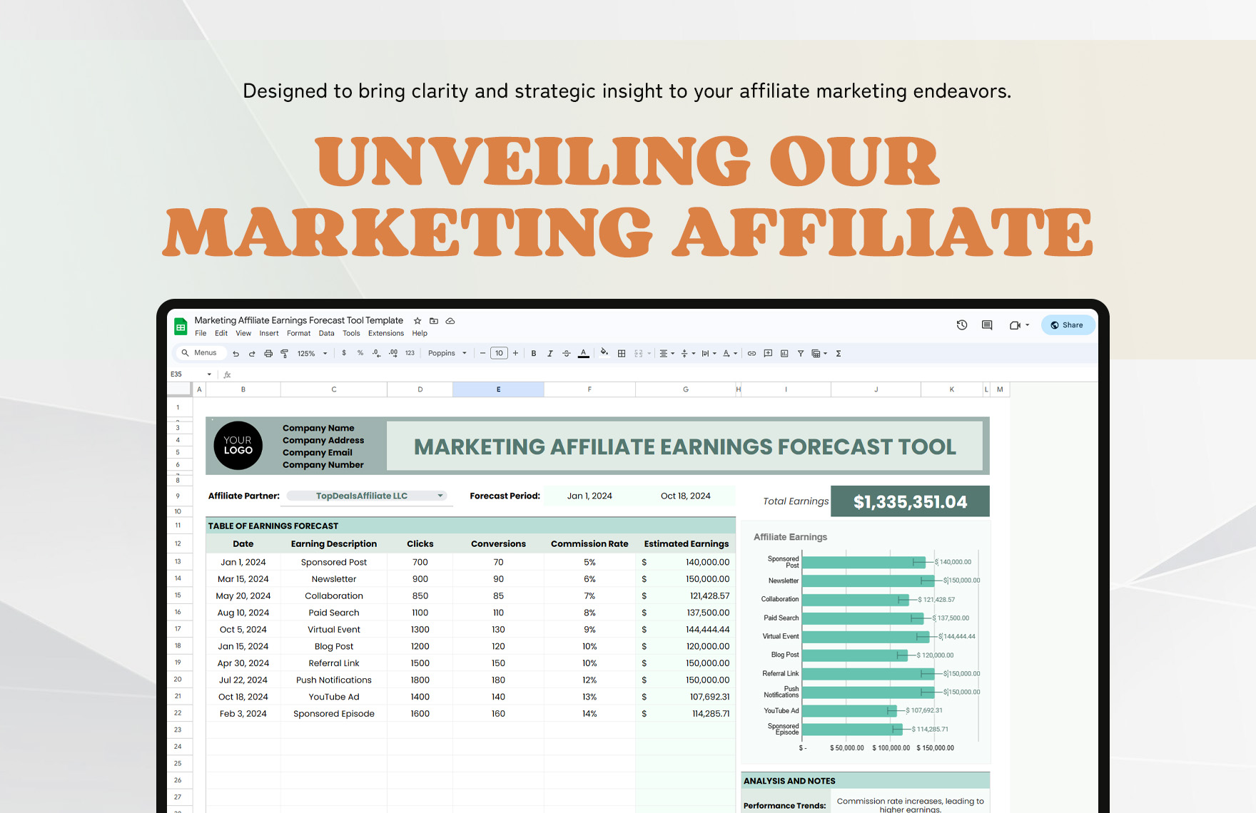 Marketing Affiliate Earnings Forecast Tool Template