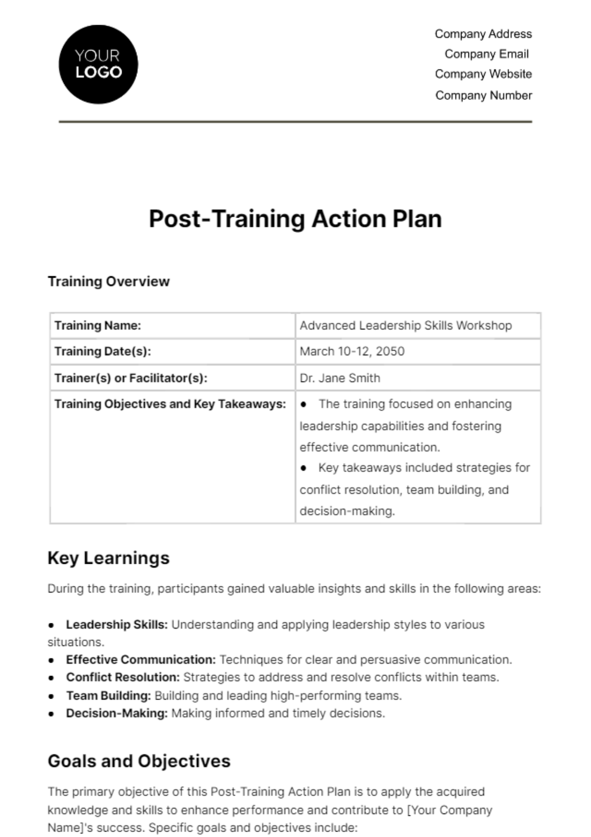 Post-Training Action Plan HR Template