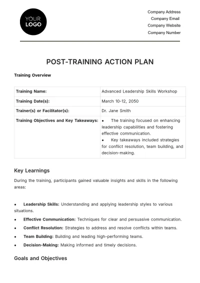 Free Post-Training Action Plan HR Template to Edit Online