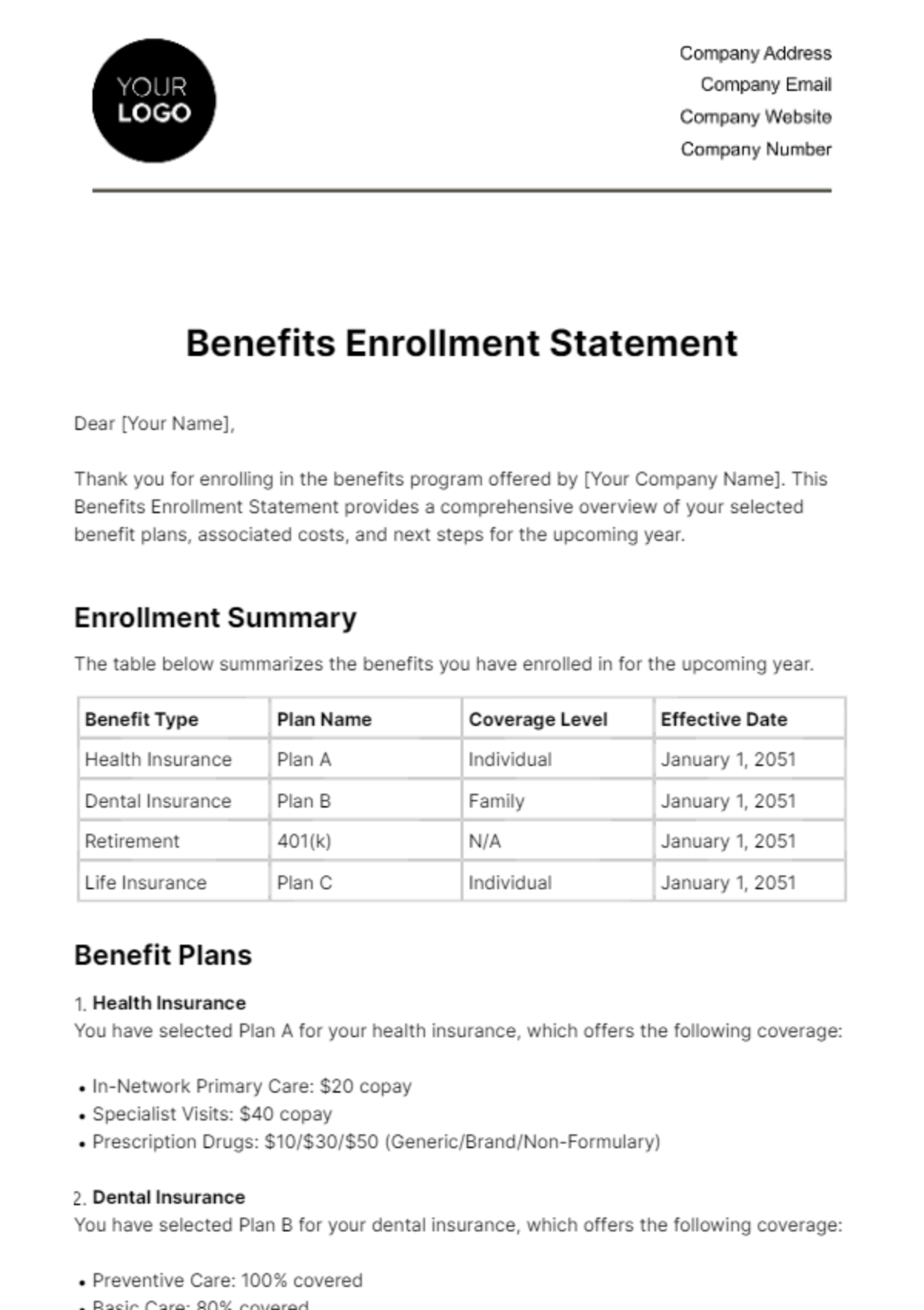 Benefits Enrollment Statement HR Template