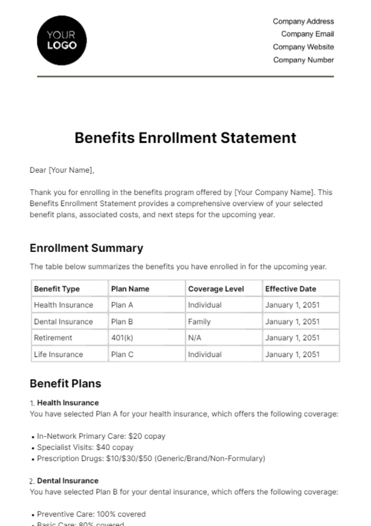 Benefits Enrollment Statement HR Template - Edit Online & Download