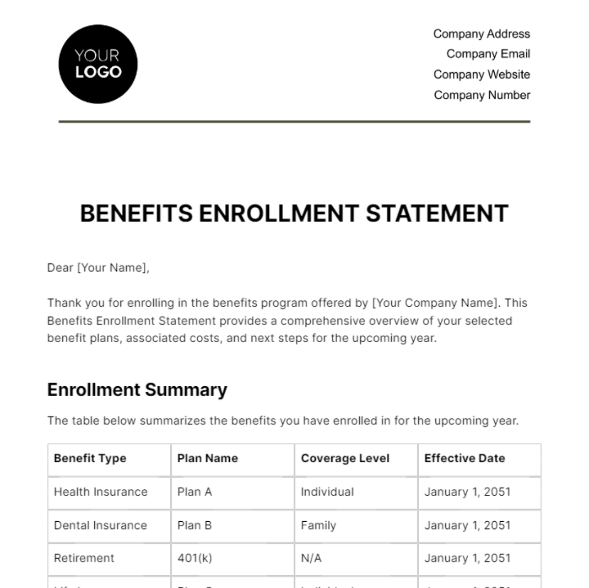 Benefits Enrollment Statement HR Template - Edit Online & Download