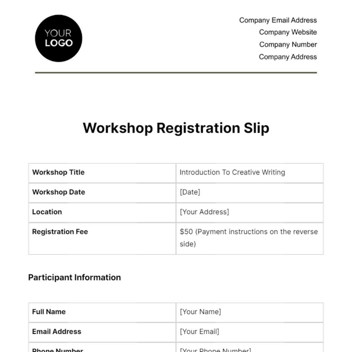 Free Workshop Registration Slip HR Template