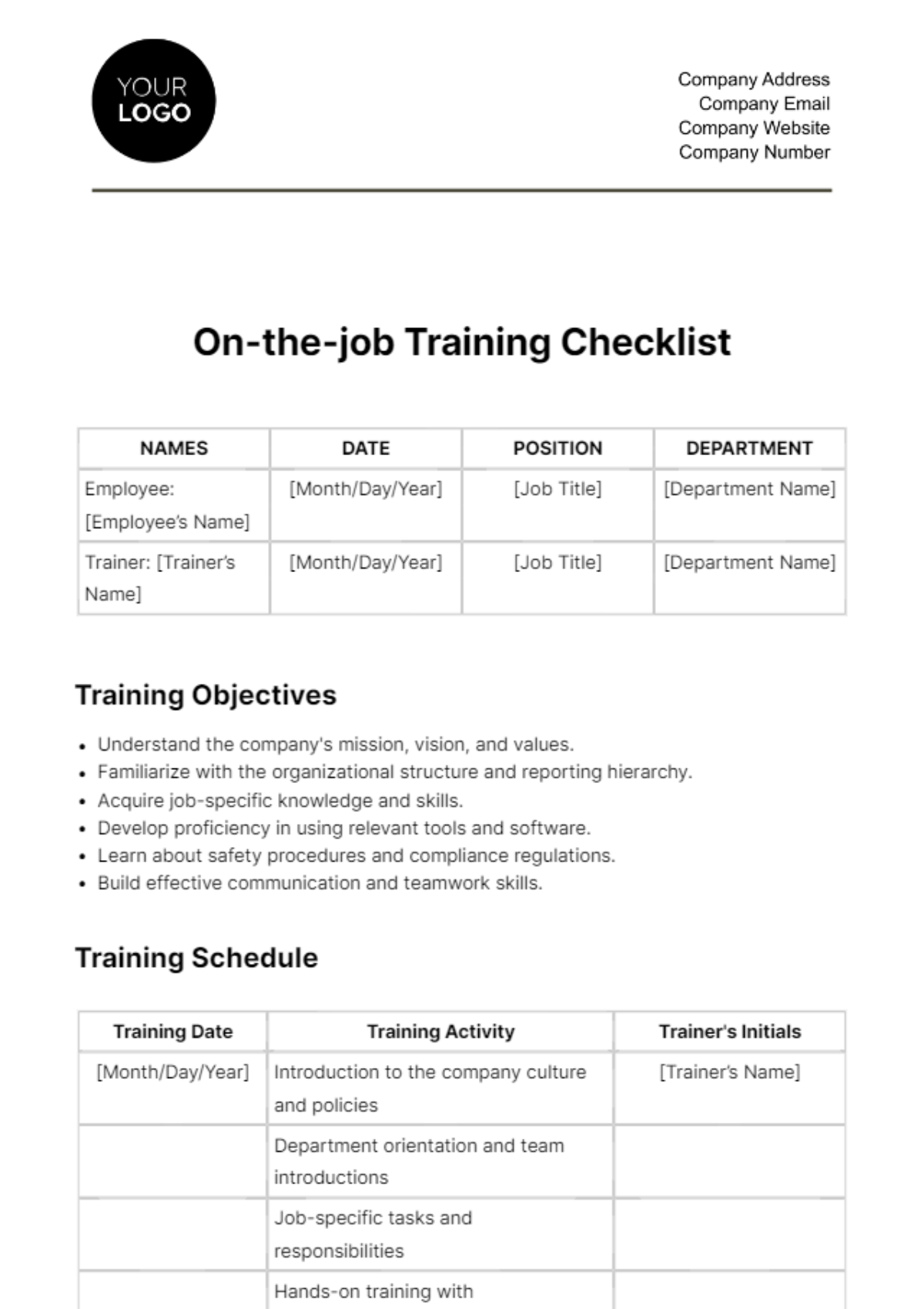 On-the-job Training Checklist HR Template