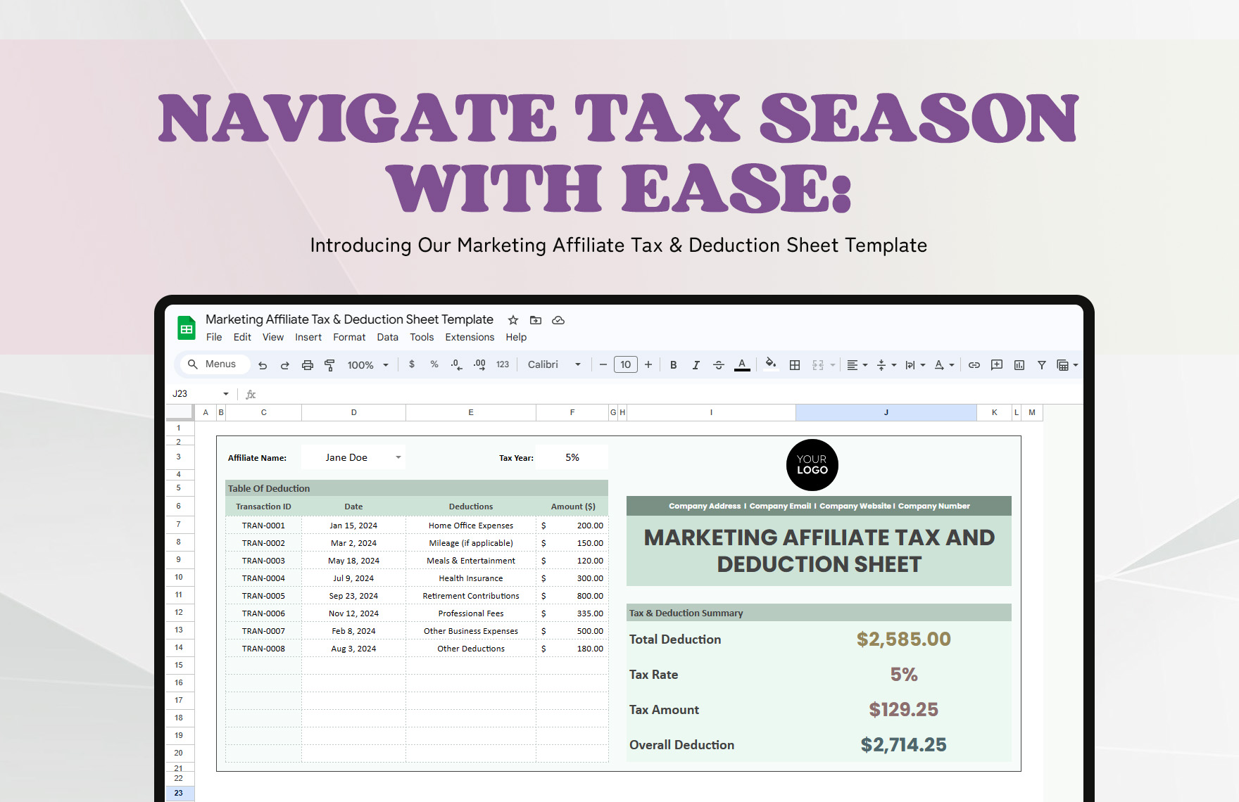 Marketing Affiliate Tax & Deduction Sheet Template