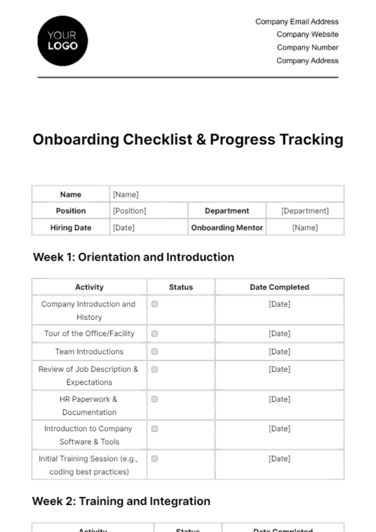 Onboarding Checklist & Progress Tracking HR Template