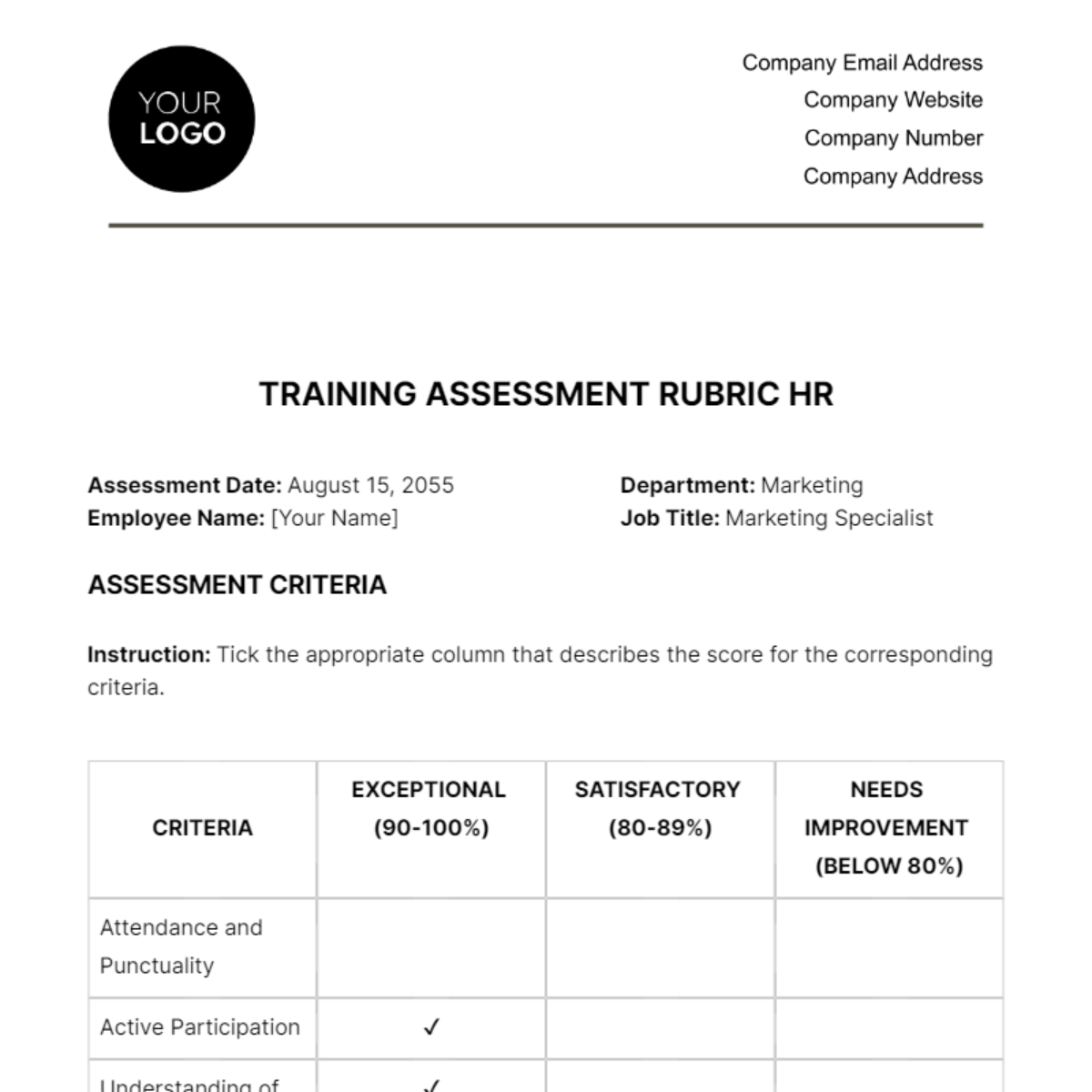 Free Training Assessment Rubric HR Template
