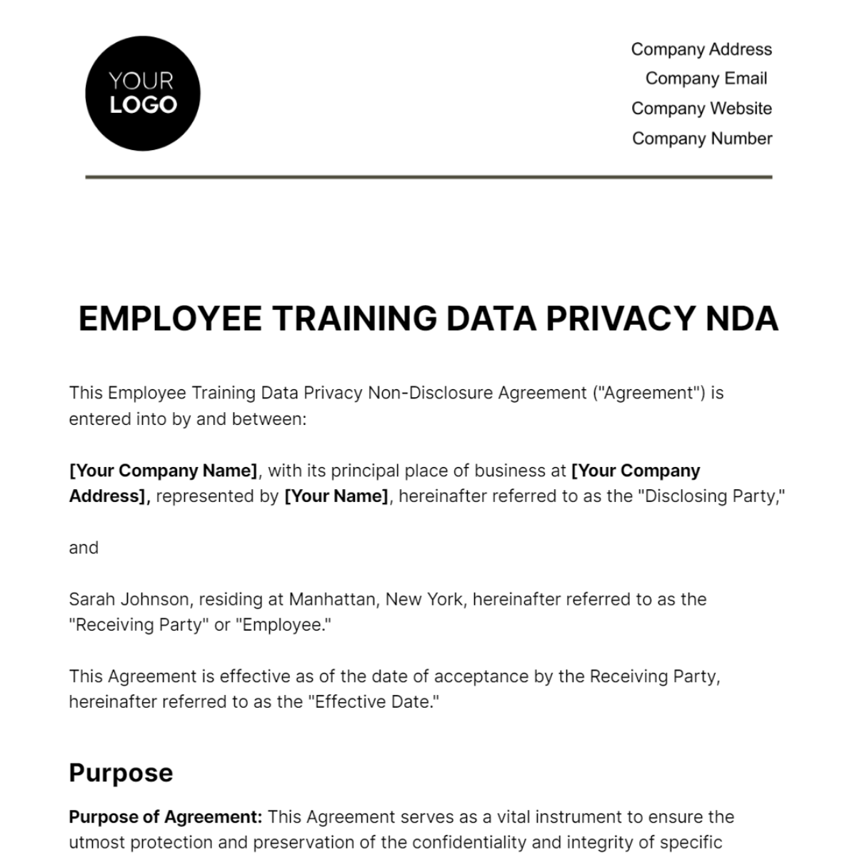 Employee Training Data Privacy NDA HR Template