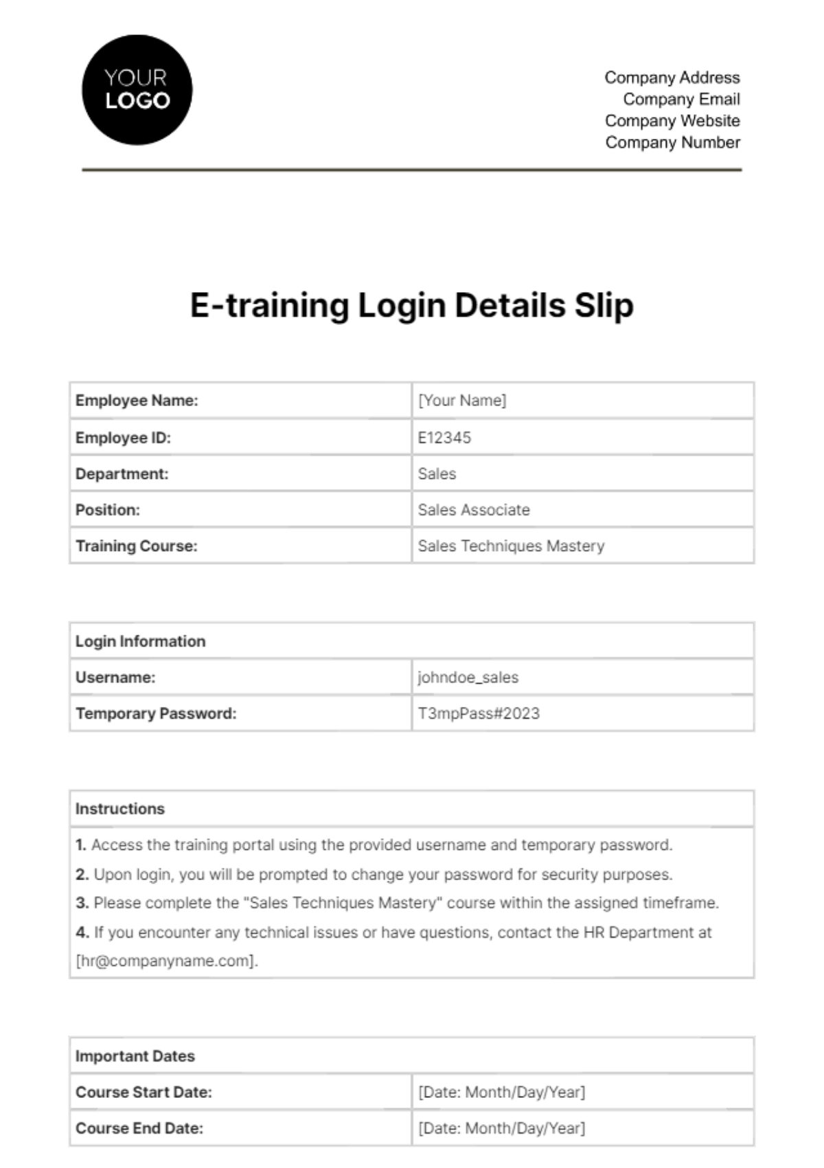 E-training Login Details Slip HR Template