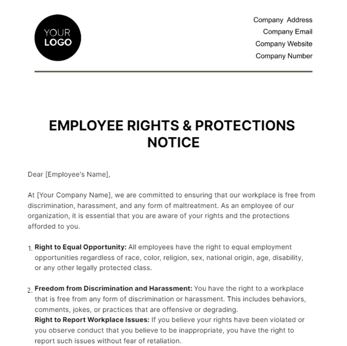 Free Employee Rights & Protections Notice HR Template