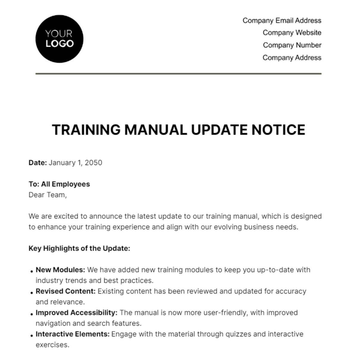 Training Manual Update Notice HR Template