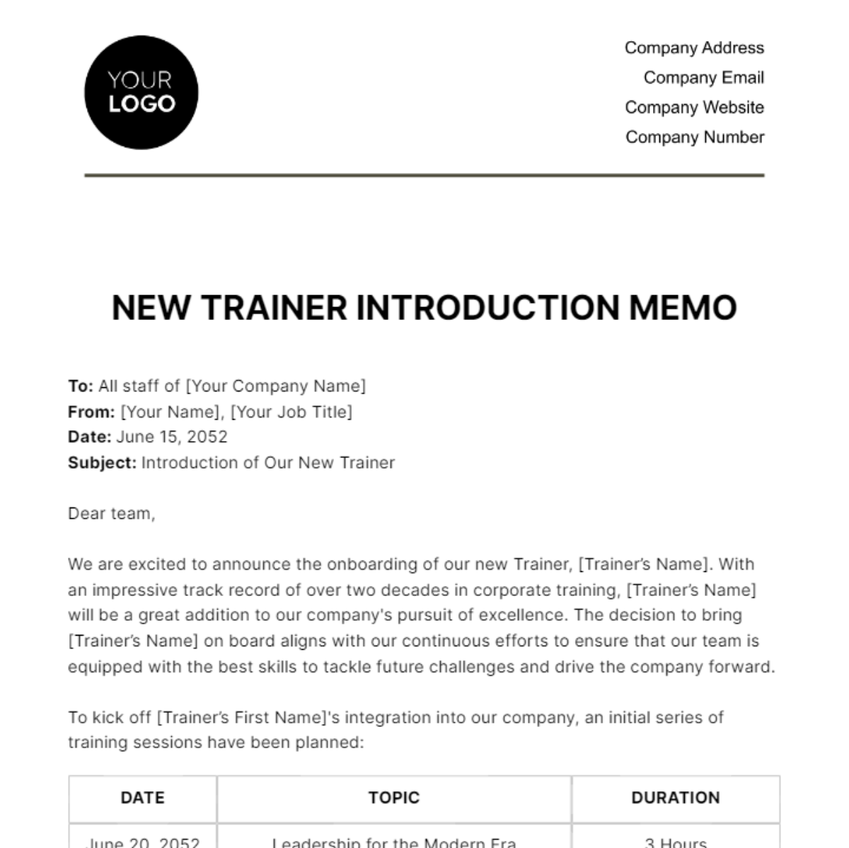 New Trainer Introduction Memo HR Template