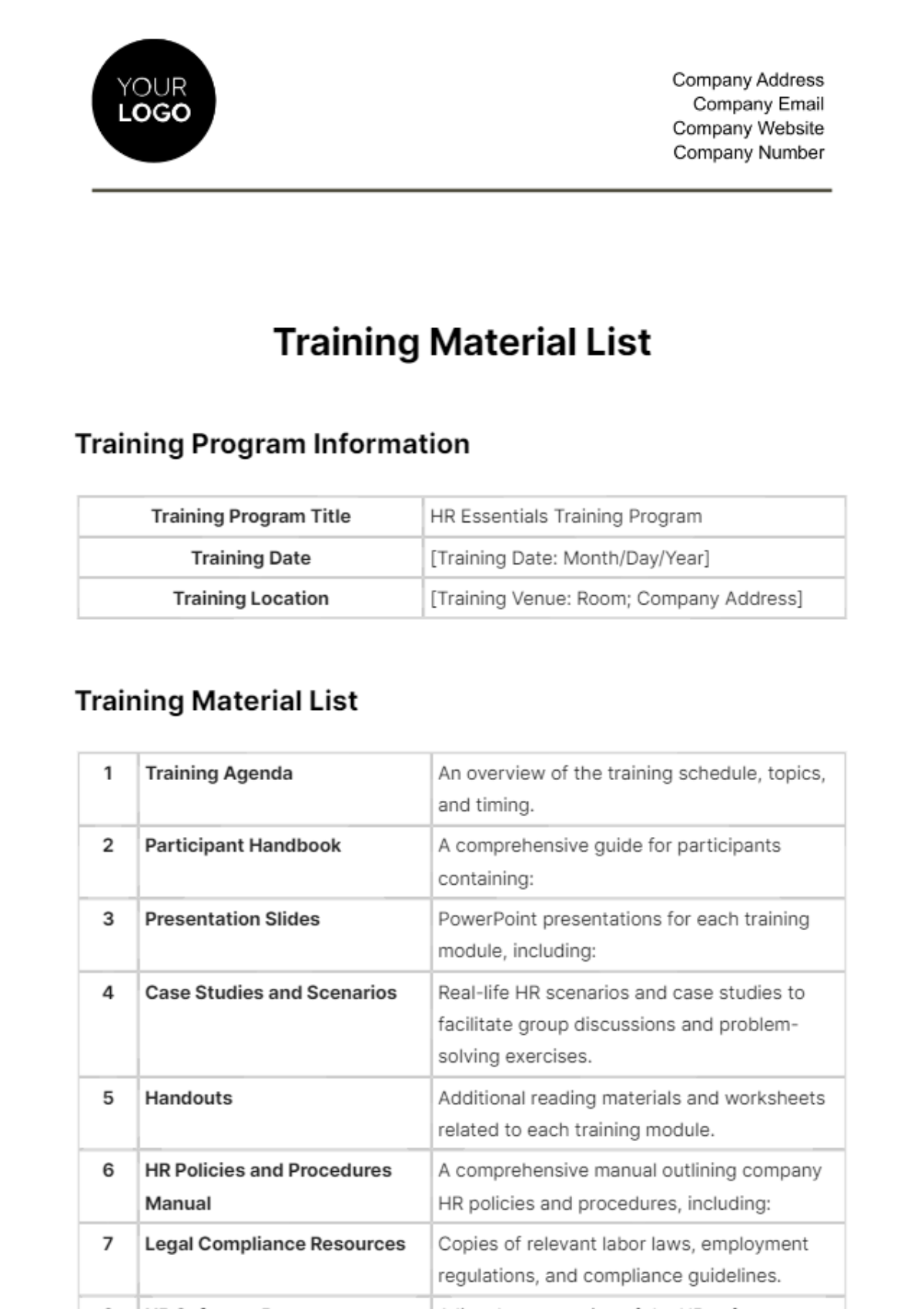 Free Training Material List HR Template