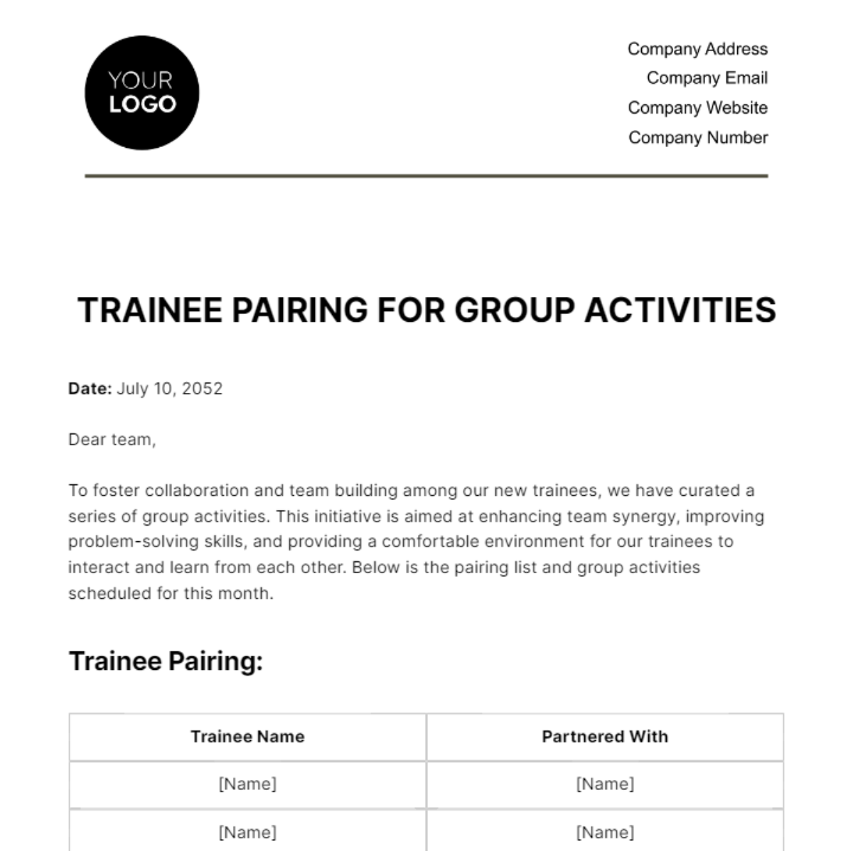 Free Trainee Pairing for Group Activities HR Template