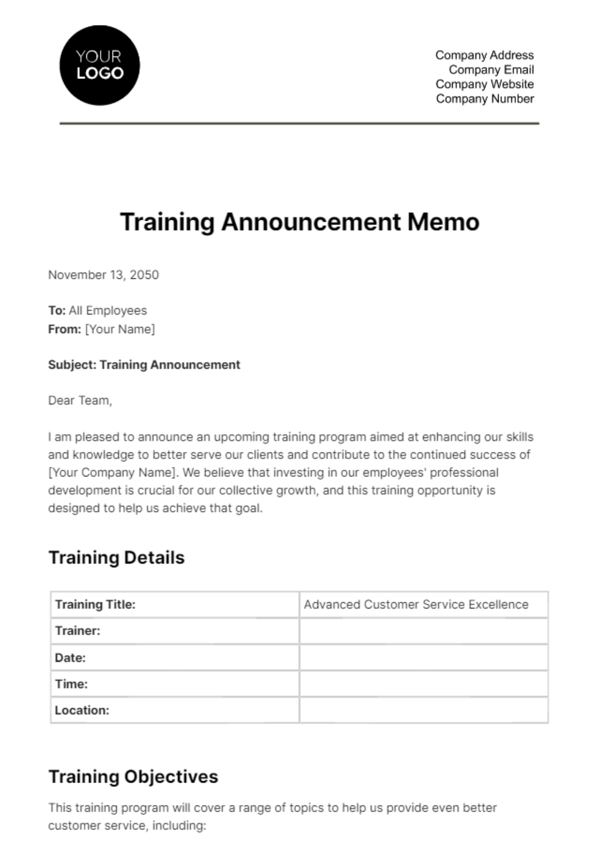 Free Training Announcement Memo HR Template