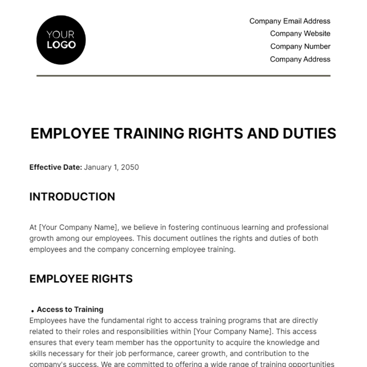Free Employee Training Rights & Duties HR Template
